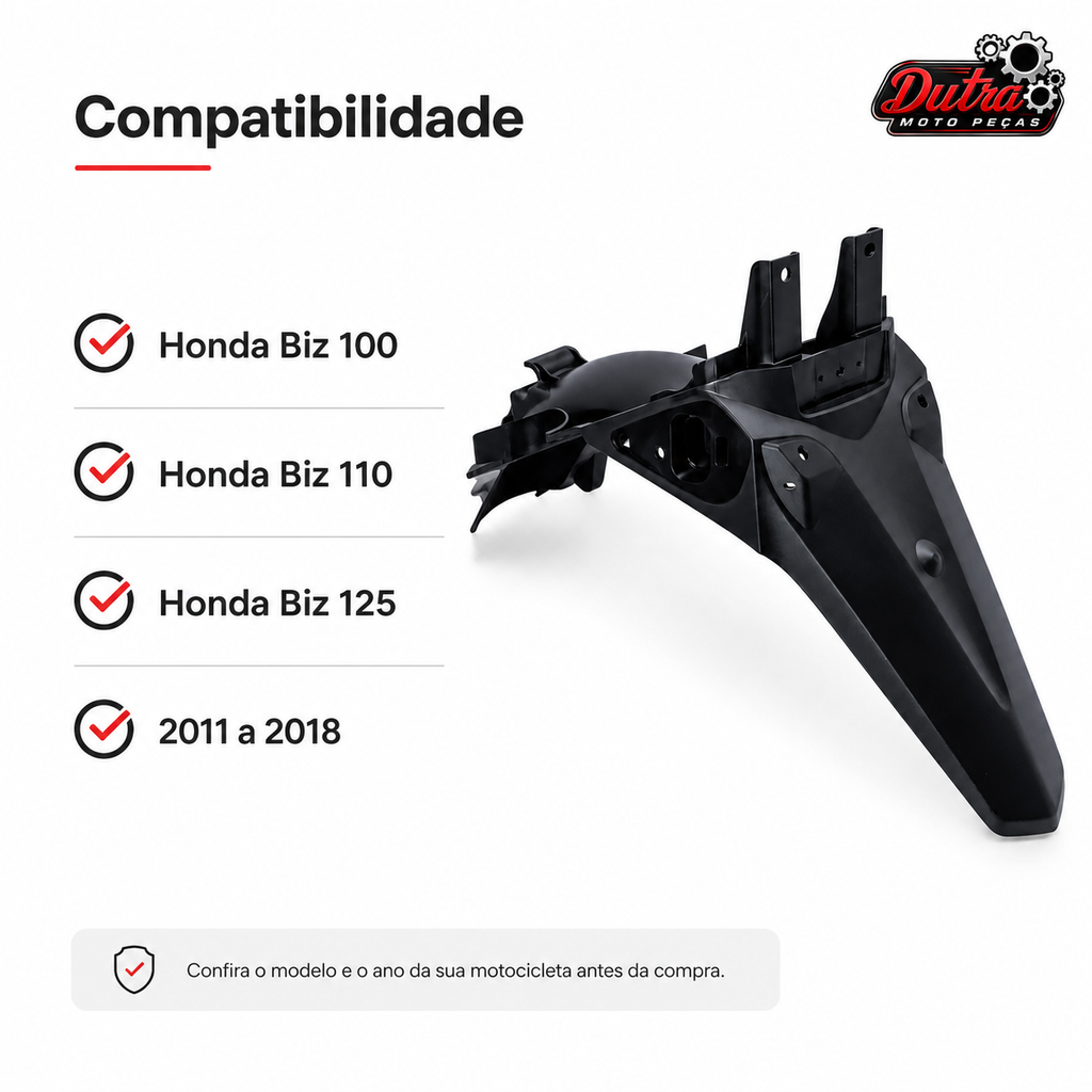 Paralama Traseiro Honda Biz 100 110i 125 2011 a 2018 Carenagem Reposição