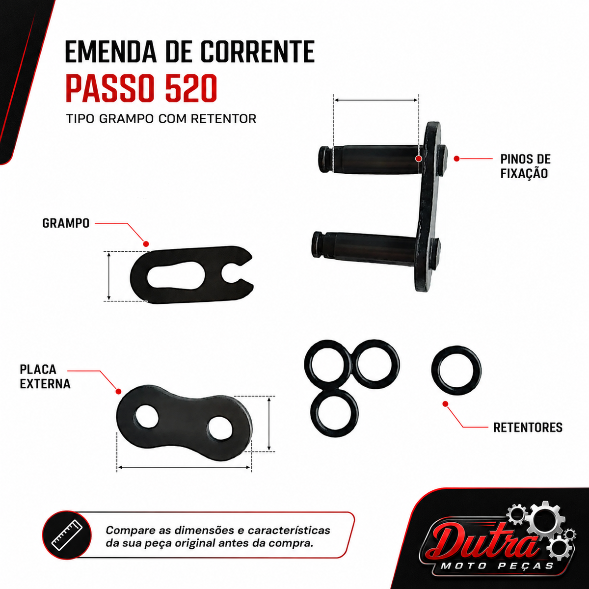 Emenda Corrente Moto Passo 520 Tipo Grampo Clip Com Retentor