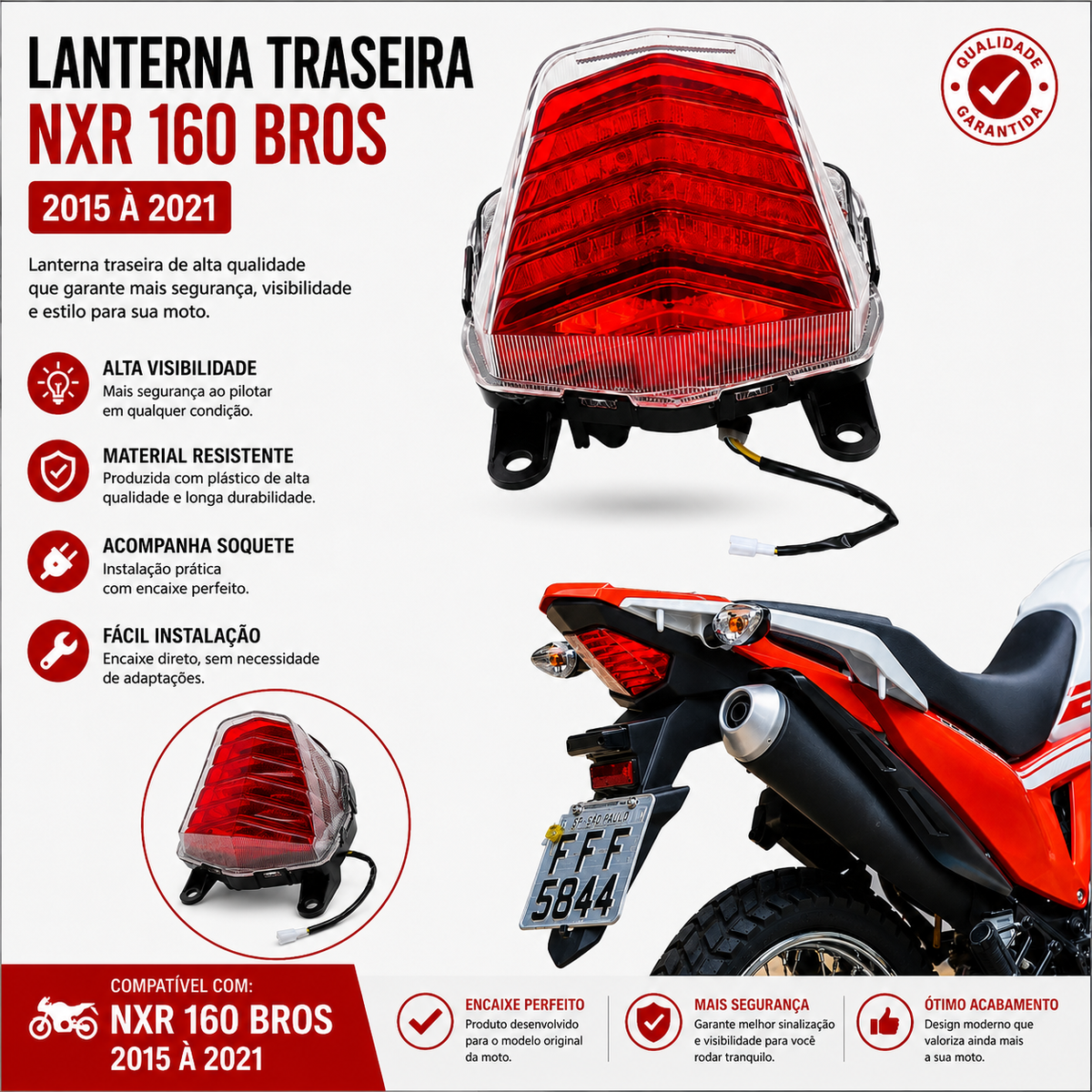 Lanterna Traseira Moto Nxr 160 Bros 2015 á 2021 Com Soquete