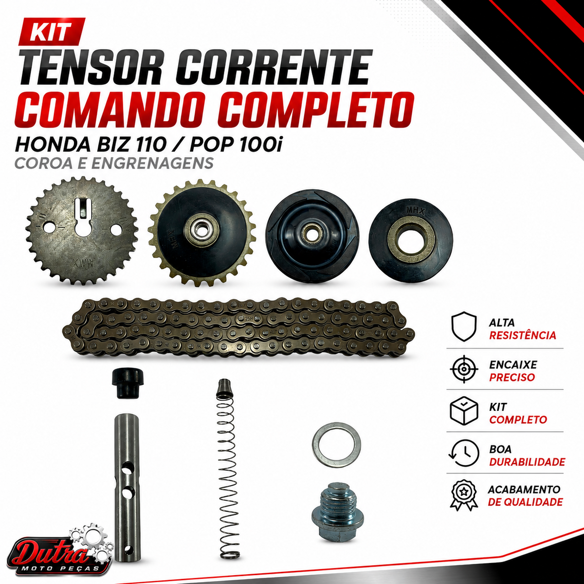 Kit Tensor Corrente Comando Honda Biz 110i Pop 110i Completo Coroa Engrenagem