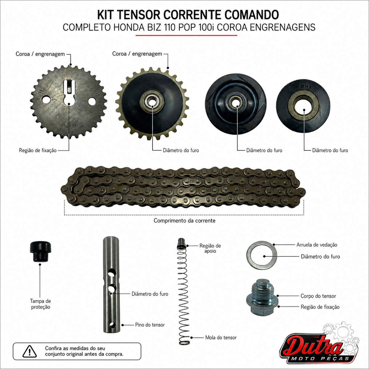 Kit Tensor Corrente Comando Honda Biz 110i Pop 110i Completo Coroa Engrenagem