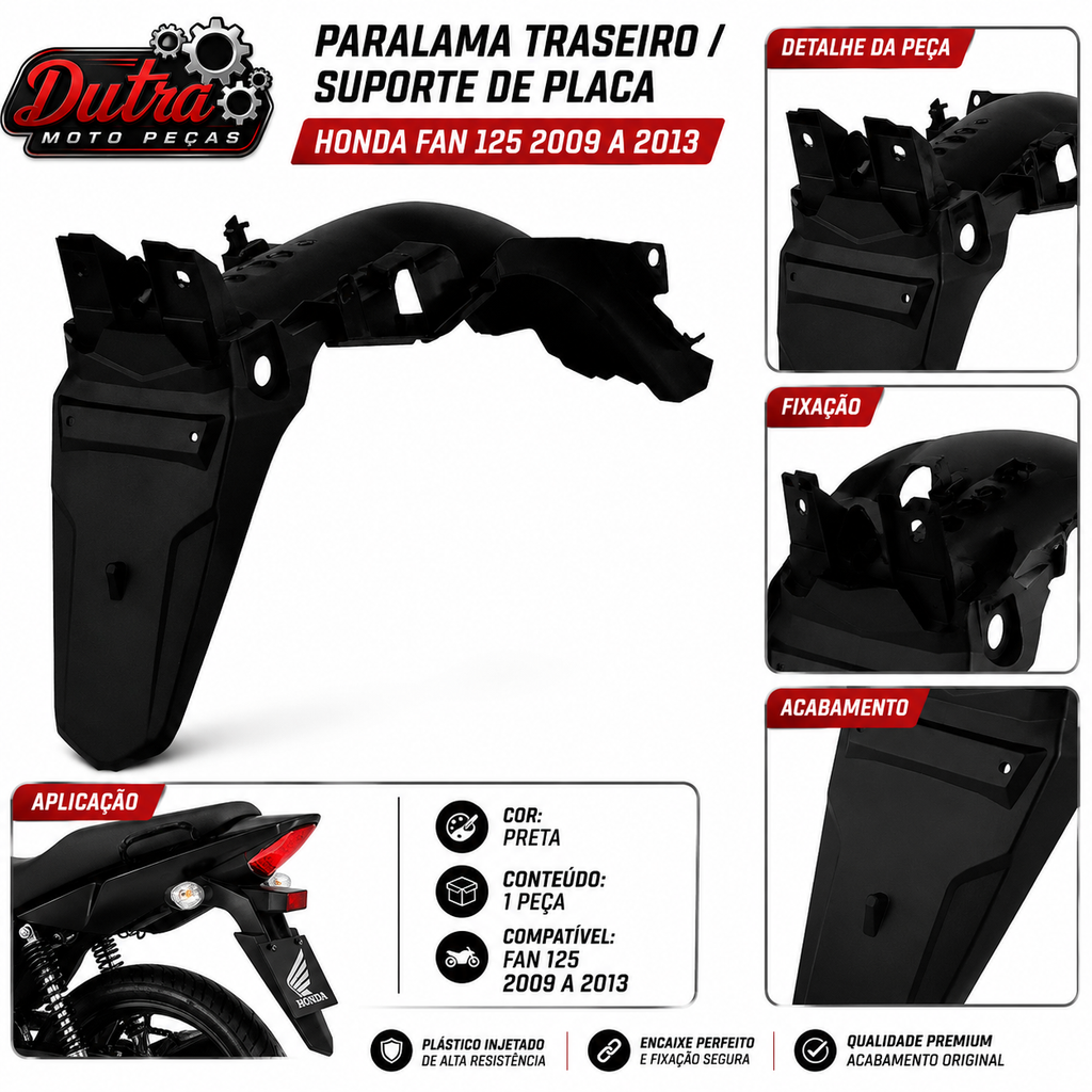 Paralama Traseiro Suporte Placa Honda CG Fan 125 2009 a 2013 Preto Injetado