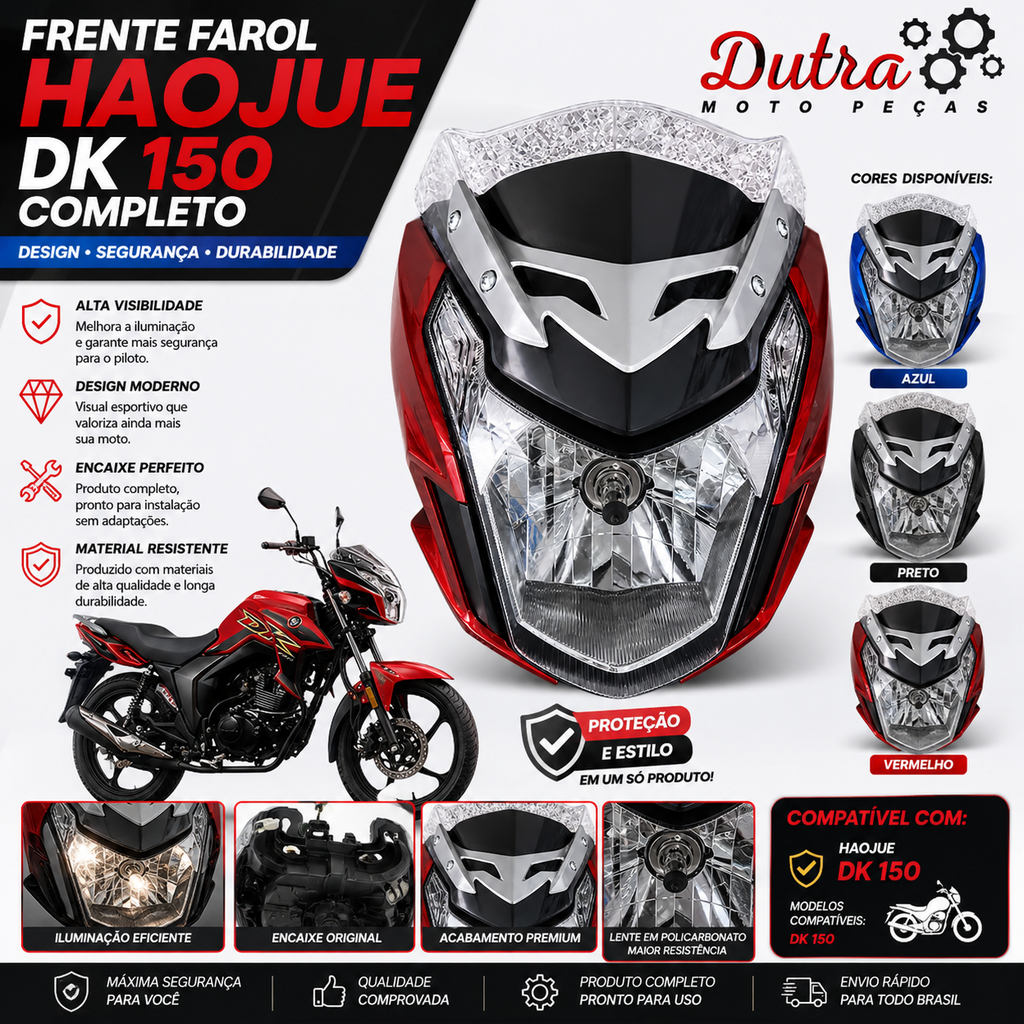 Frente Farol Haojue Dk 150 Completo Cores Vermelho Preto Azul Com Bolha