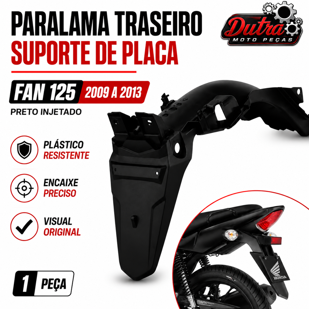 Paralama Traseiro (Suporte De Placa) Fan 125 2009 À 2013 Preto Injetado Modelo Original