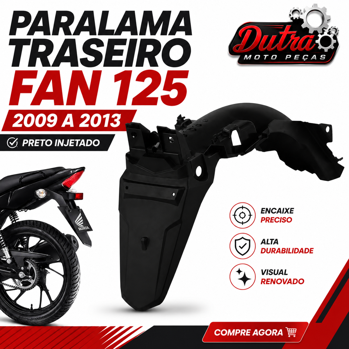 Paralama Traseiro (Suporte De Placa) Fan 125 2009 À 2013 Preto Injetado Modelo Original