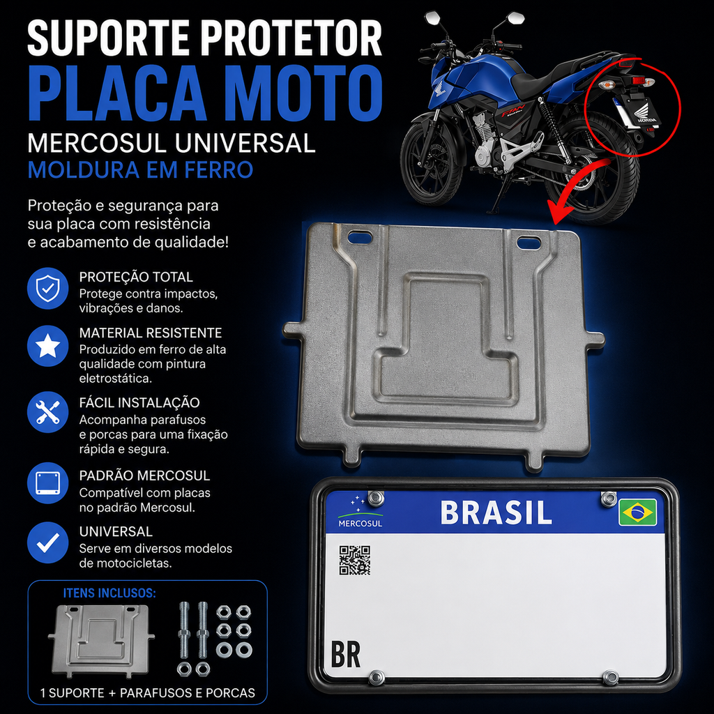 Suporte Protetor Placa Moto Mercosul Universal Moldura Ferro