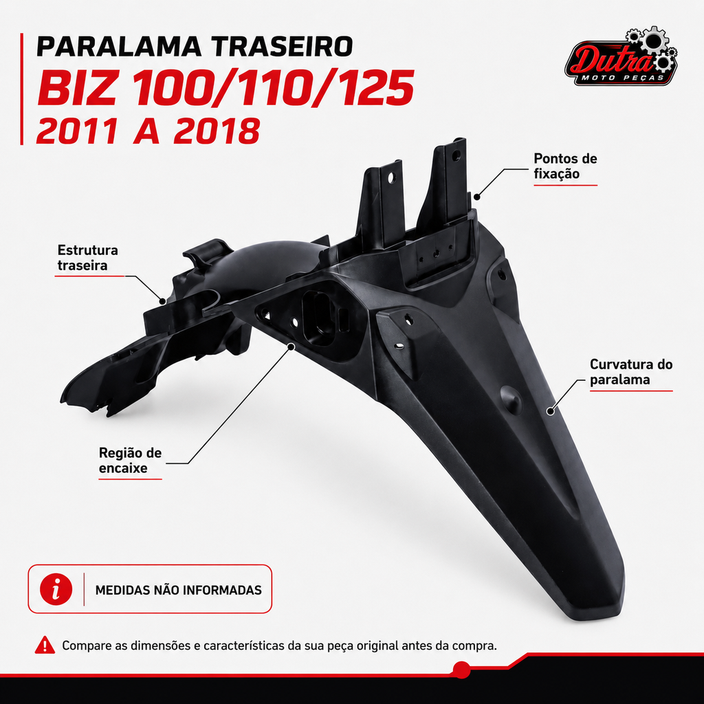 Paralama Traseiro Honda Biz 100 110i 125 2011 a 2018 Carenagem Reposição