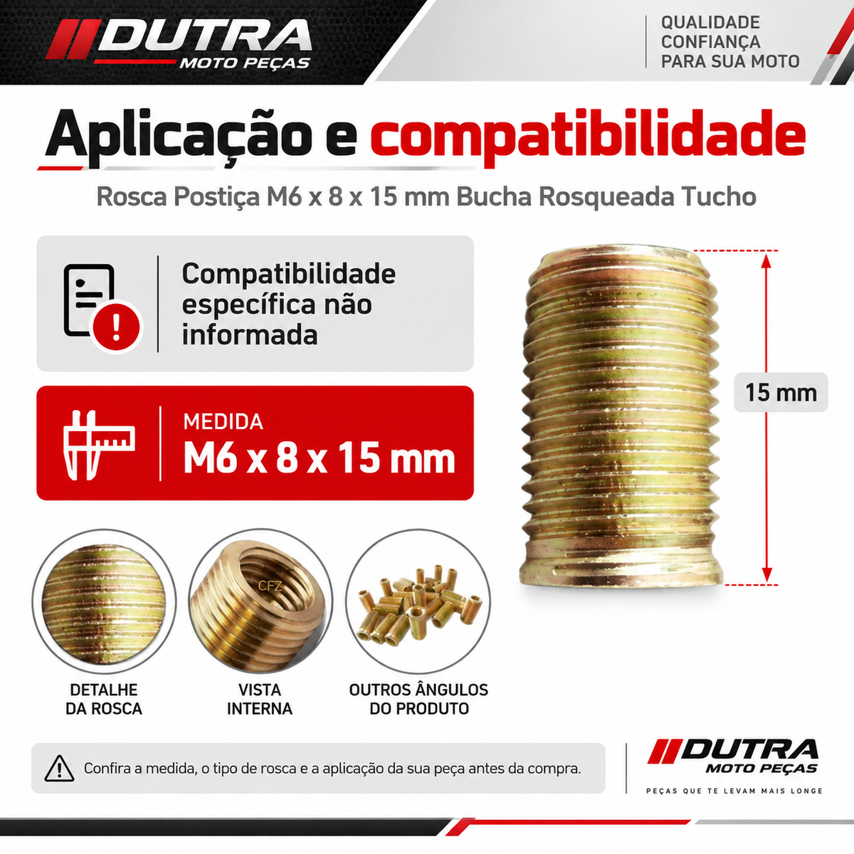 Rosca Postiça M6 X 8 X 15mm Bucha Rosqueada Tucho