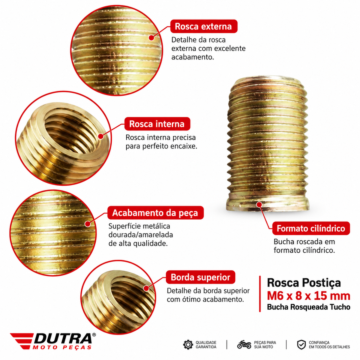 Rosca Postiça M6 X 8 X 15mm Bucha Rosqueada Tucho