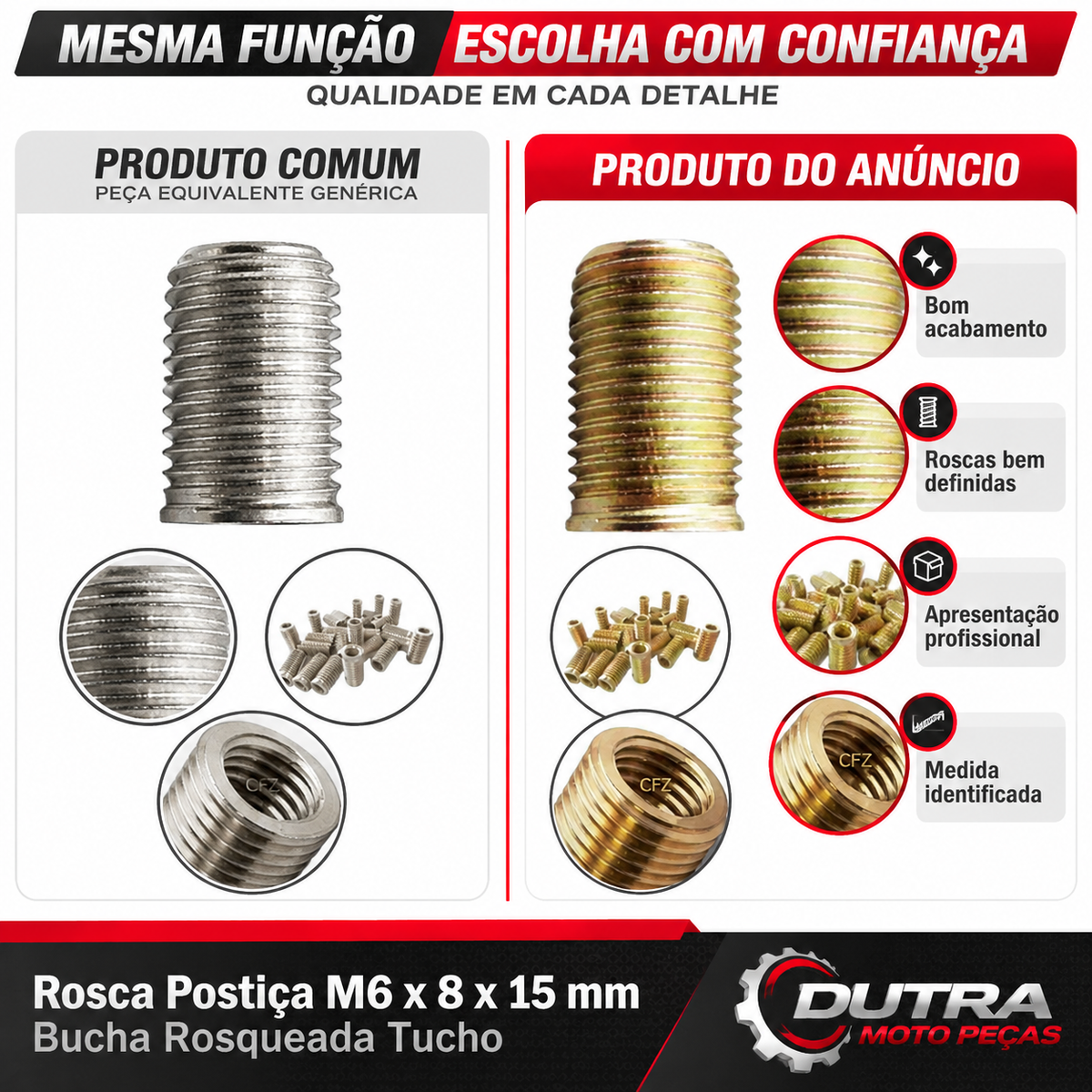 Rosca Postiça M6 X 8 X 15mm Bucha Rosqueada Tucho