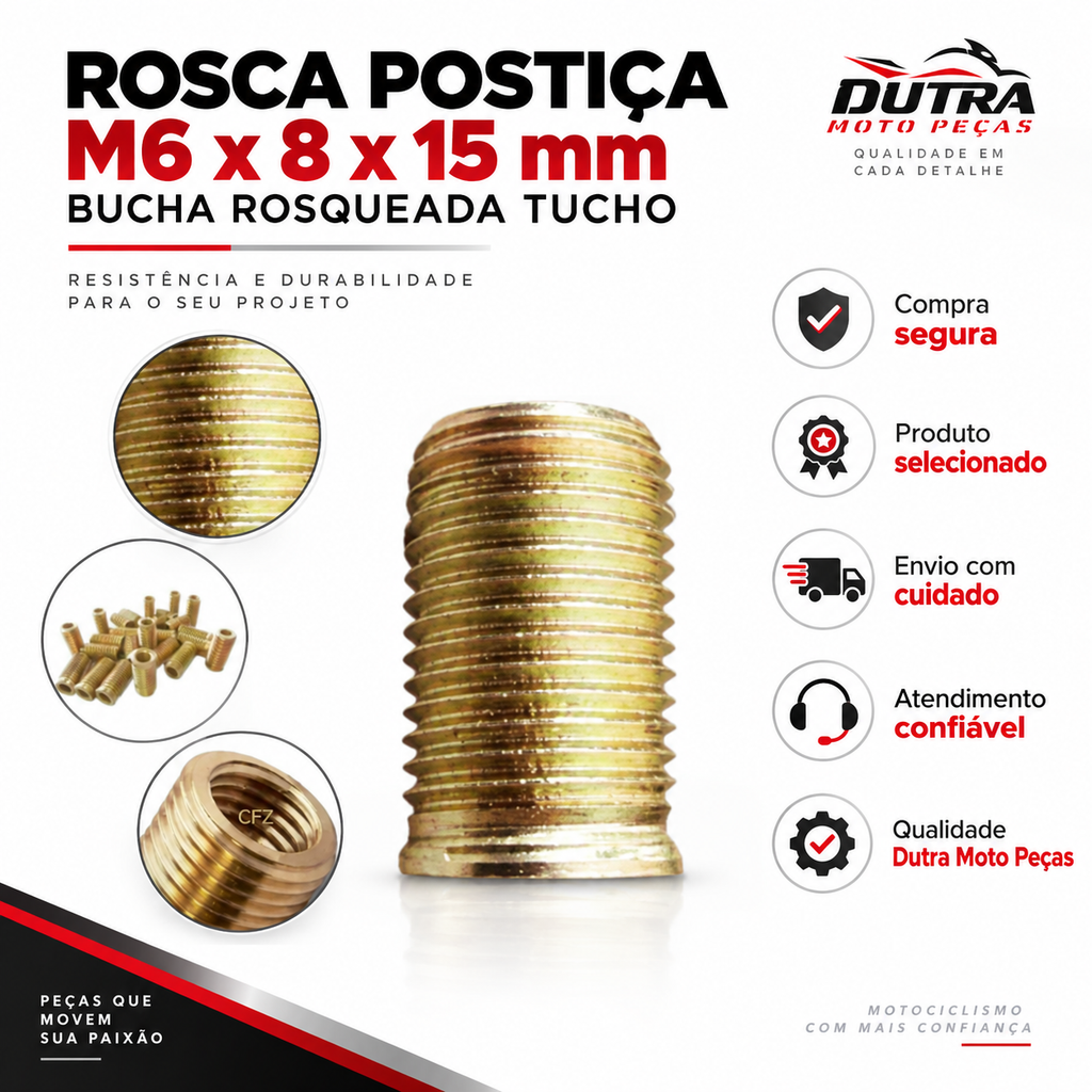 Rosca Postiça M6 X 8 X 15mm Bucha Rosqueada Tucho