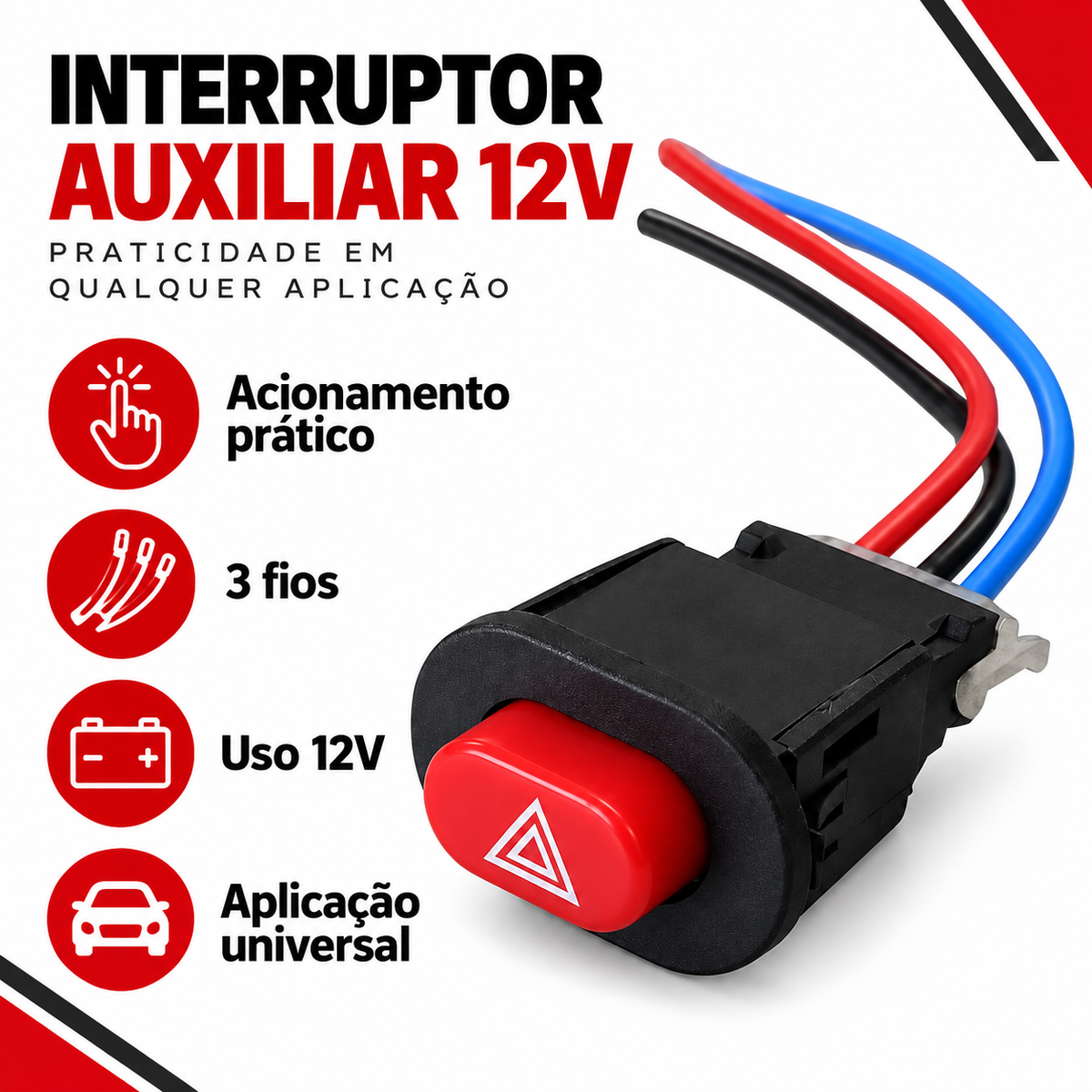 Botão Interruptor Auxiliar 3 Fios Universal Pisca Alerta Moto Carro 12V Farol Auxiliar LED Chave Liga Desliga