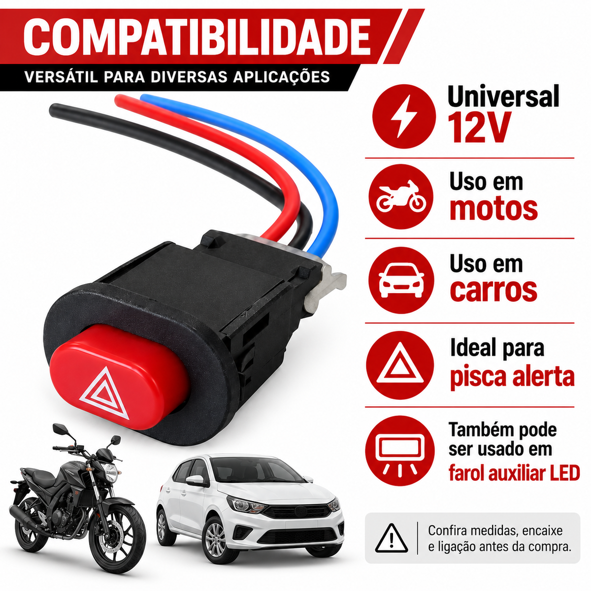 Botão Interruptor Auxiliar 3 Fios Universal Pisca Alerta Moto Carro 12V Farol Auxiliar LED Chave Liga Desliga
