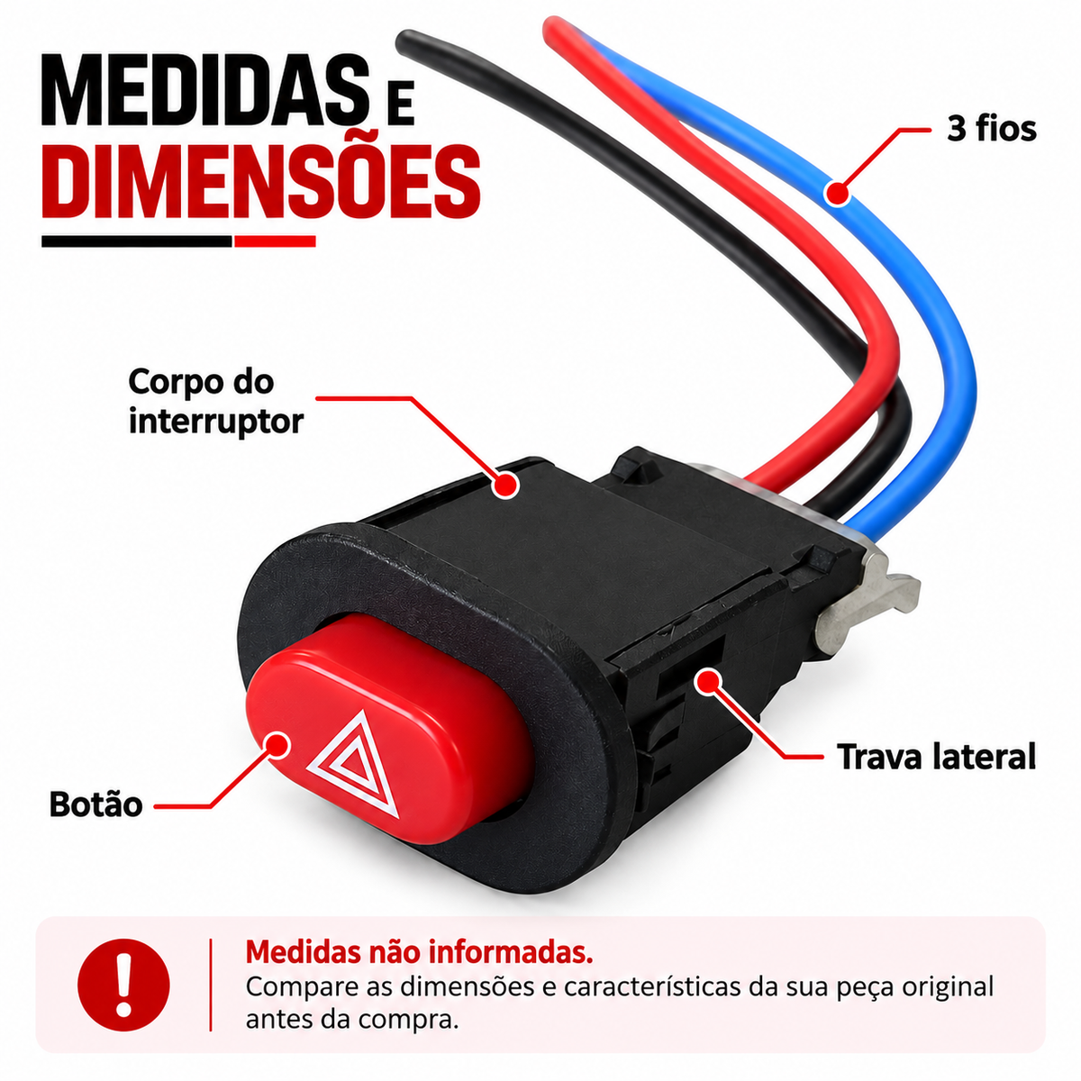 Botão Interruptor Auxiliar 3 Fios Universal Pisca Alerta Moto Carro 12V Farol Auxiliar LED Chave Liga Desliga