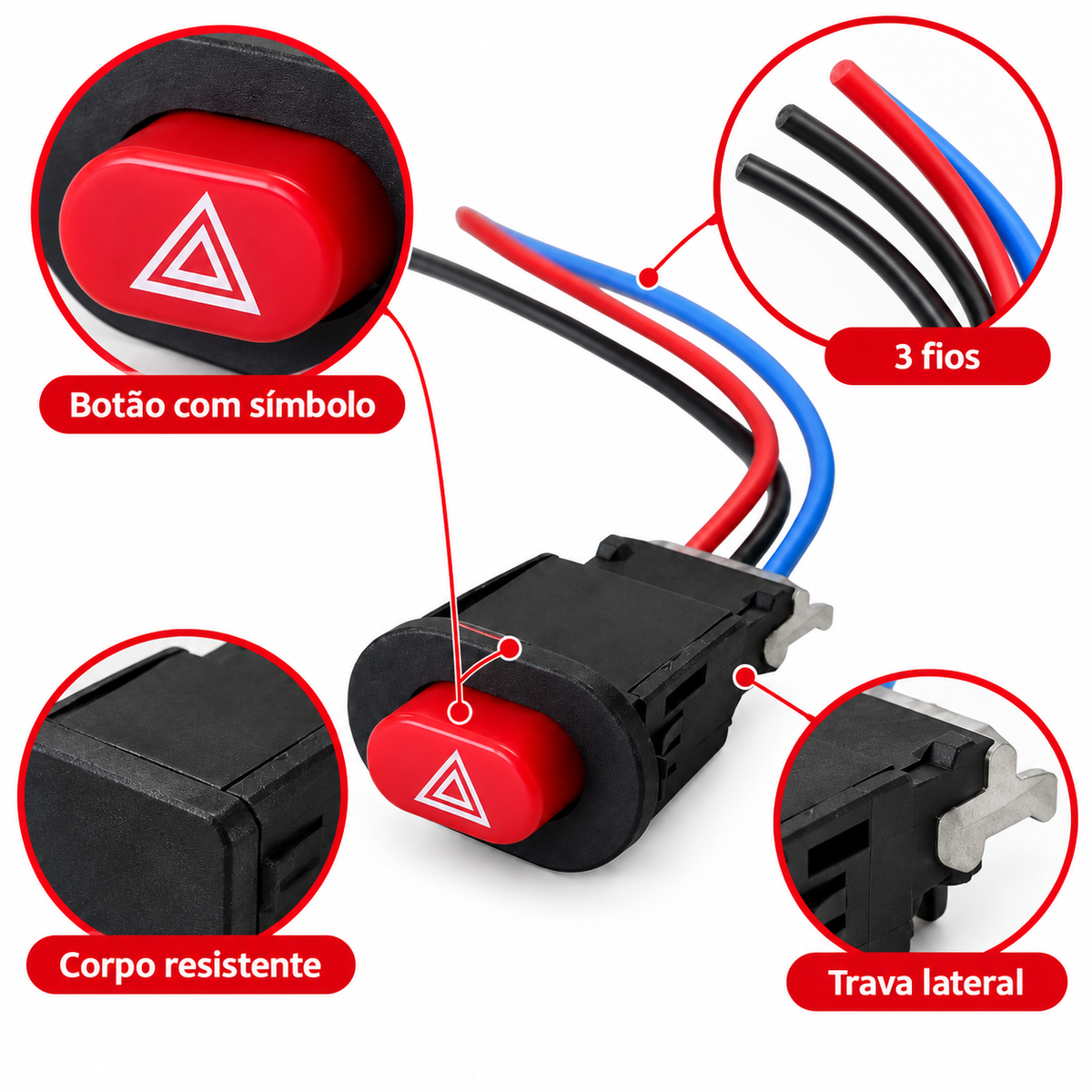 Botão Interruptor Auxiliar 3 Fios Universal Pisca Alerta Moto Carro 12V Farol Auxiliar LED Chave Liga Desliga
