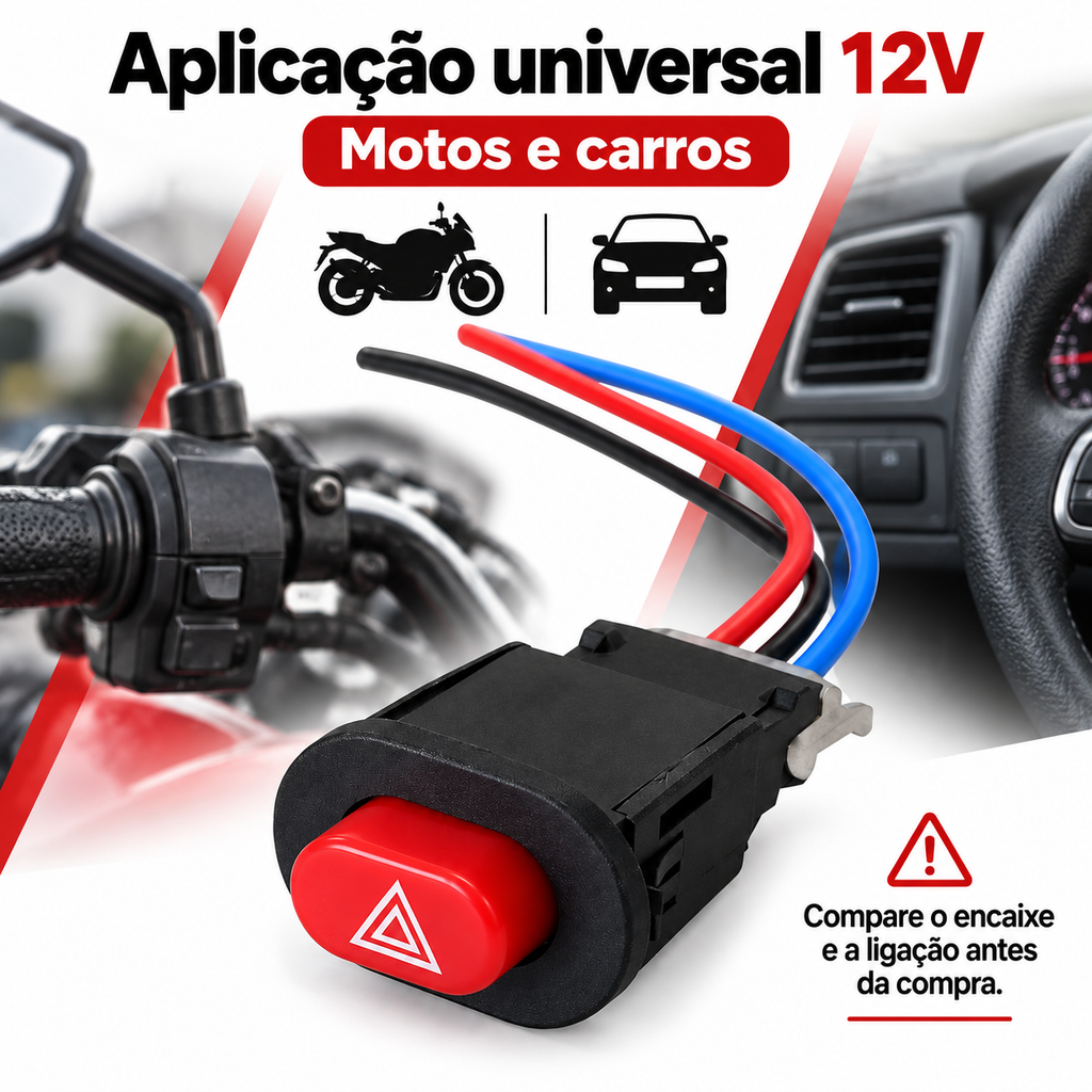 Botão Interruptor Auxiliar 3 Fios Universal Pisca Alerta Moto Carro 12V Farol Auxiliar LED Chave Liga Desliga