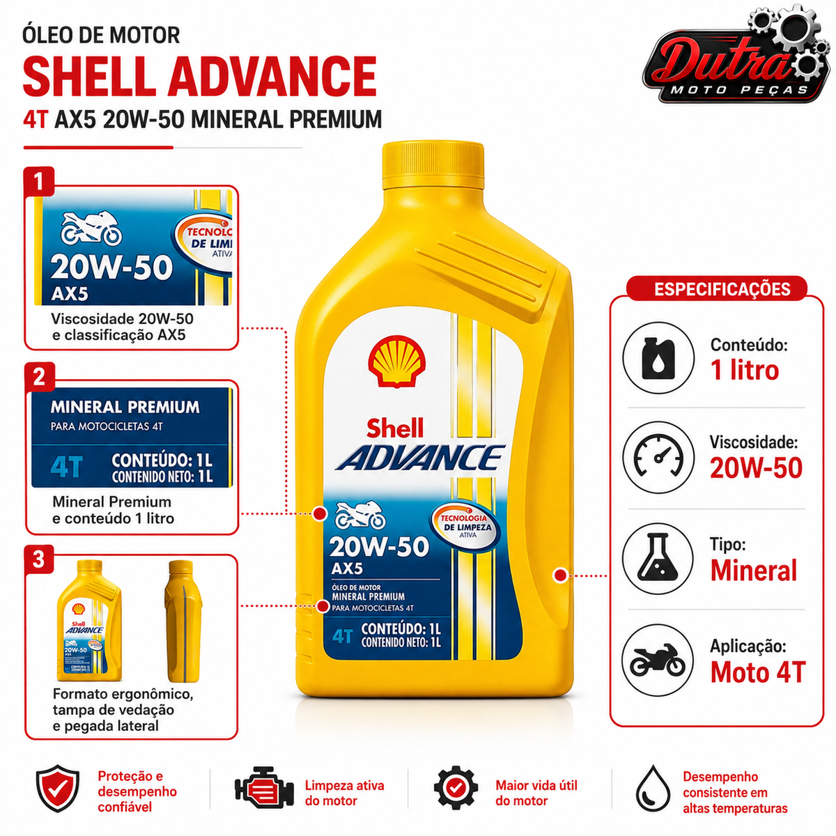 Óleo Moto Shell Advance AX5 4T 20W50 Mineral Premium 1L API SL JASO MA