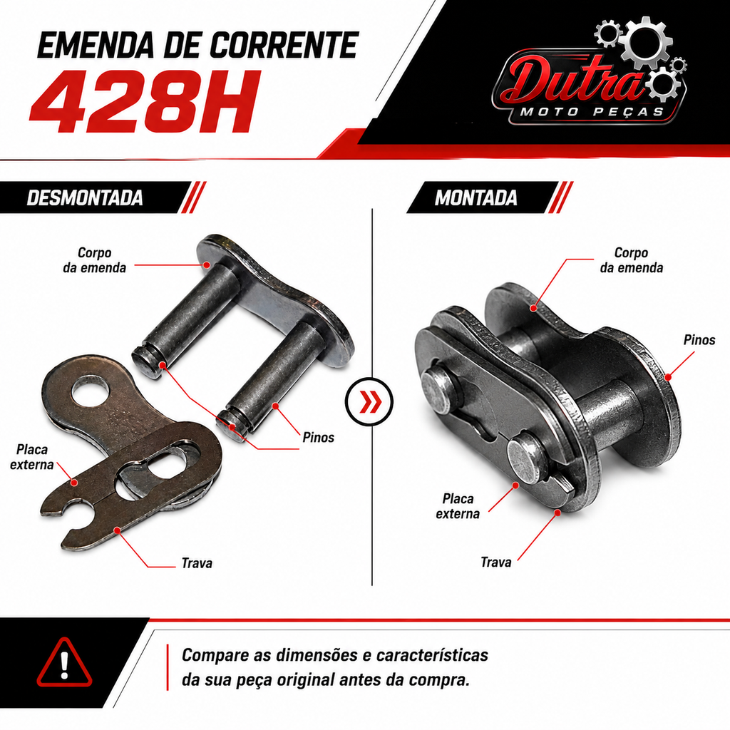 Emenda Corrente 428H Sem Retentor Honda CG Titan YBR Dafra Speed Yes 125 Trava Clip