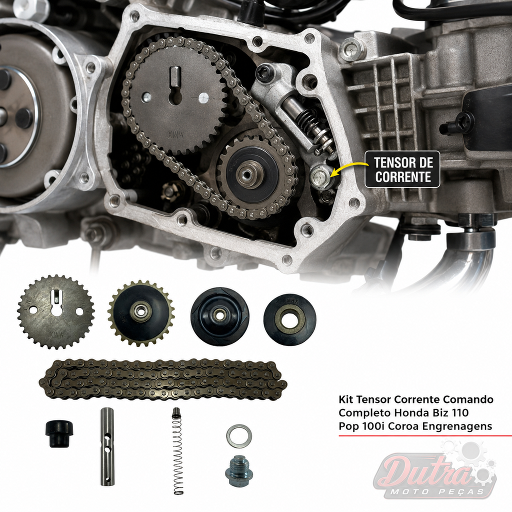Kit Tensor Corrente Comando Honda Biz 110i Pop 110i Completo Coroa Engrenagem