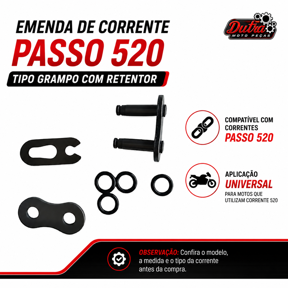 Emenda Corrente Moto Passo 520 Tipo Grampo Clip Com Retentor