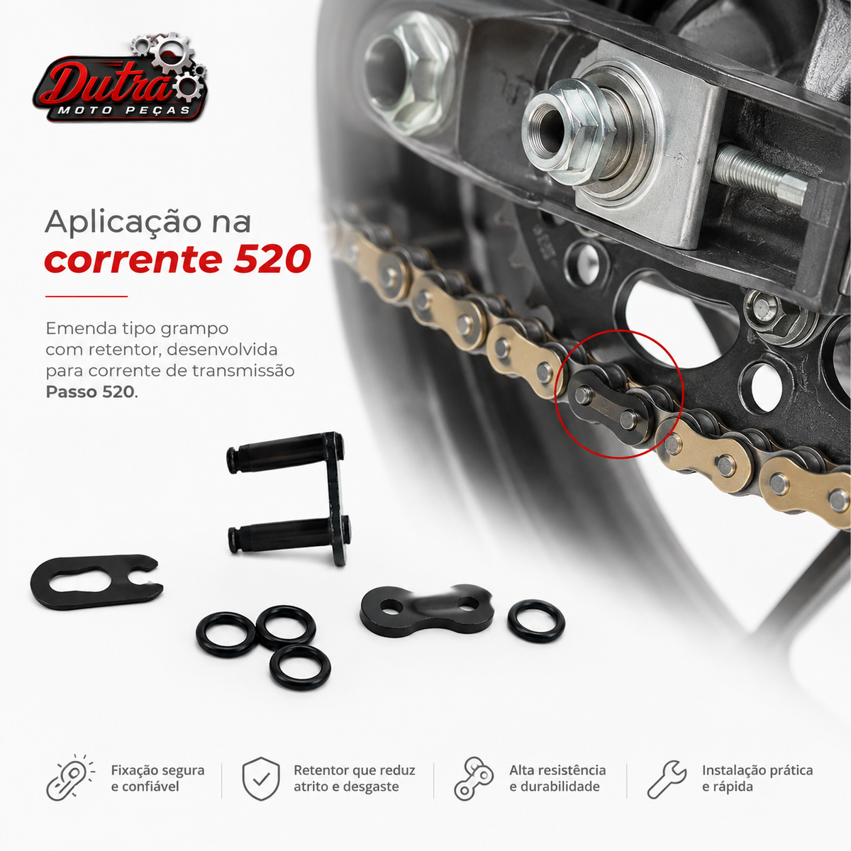 Emenda Corrente Moto Passo 520 Tipo Grampo Clip Com Retentor