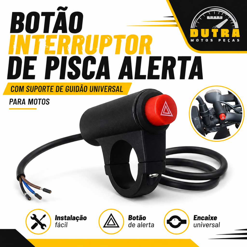 Botão Interruptor Pisca Alerta Emergência Moto Universal com Suporte Guidão