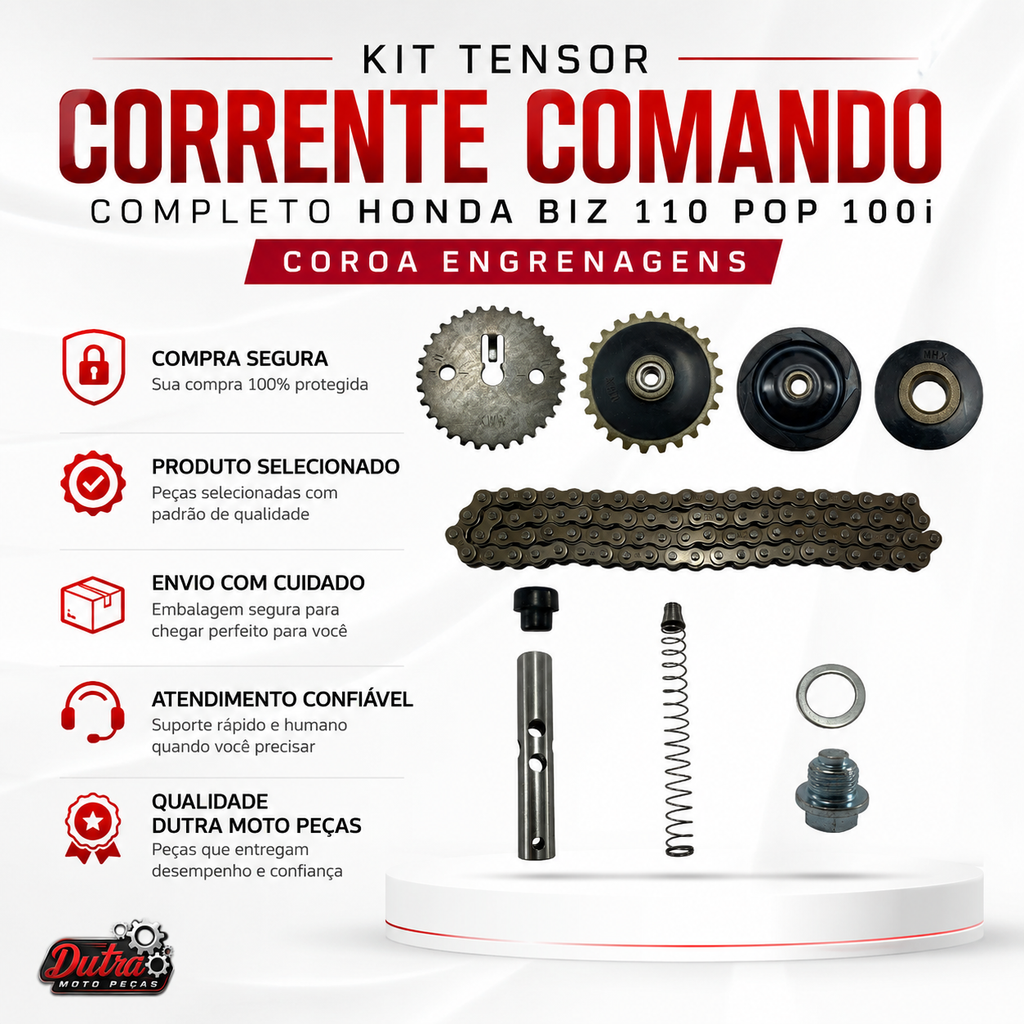 Kit Tensor Corrente Comando Honda Biz 110i Pop 110i Completo Coroa Engrenagem